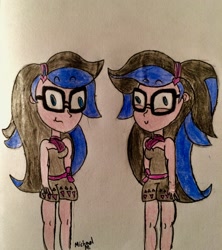 Size: 2448x2762 | Tagged: safe, artist:michaelmaddox222, oc, oc:indigo shadow, species:human, my little pony:equestria girls, bow, clothing, colored, cross-eyed, derp, female, glasses, headband, heart, pencil drawing, reference, scarf, signature, solo, standing, traditional art