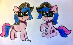 Size: 3264x2007 | Tagged: safe, artist:michaelmaddox222, oc, oc:indigo shadow, species:pony, species:unicorn, clothing, colored, cross-eyed, female, glasses, headband, heart, lineart, looking at you, padlock, pencil drawing, reference, scarf, signature, sitting, smiling, solo, standing, traditional art