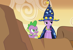 Size: 12500x8550 | Tagged: safe, artist:mysteriouskaos, character:spike, character:twilight sparkle, character:twilight sparkle (unicorn), species:dragon, species:pony, species:unicorn, cape, clothing, costume, female, hat, male, mare, star swirl the bearded costume, wizard hat
