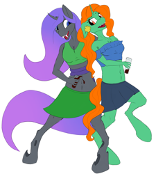 Size: 2094x2322 | Tagged: safe, artist:settop, oc, oc:emerald isle, oc:viciz, species:anthro, species:changeling, species:pony, species:unicorn, alcohol, beer, changeling oc, clothing, drunk, purple changeling, simple background, skirt, st.patrick's day, white background