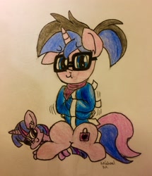 Size: 2448x2852 | Tagged: safe, artist:michaelmaddox222, character:twilight sparkle, oc, oc:indigo shadow, species:pony, species:unicorn, alternate hairstyle, bondage, clothing, colored, cross-eyed, female, floppy ears, glasses, lineart, looking at you, padlock, pencil drawing, plushie, scarf, signature, sitting, straitjacket, traditional art
