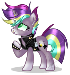Size: 1043x1129 | Tagged: safe, artist:space--paws0w0, oc, oc only, oc:punk note, species:pony, species:unicorn, belt, blaze (coat marking), choker, clothing, ear piercing, earring, female, horn ring, jacket, jewelry, leather jacket, mare, nose piercing, nose ring, piercing, raised hoof, simple background, solo, spiked wristband, transparent background, wristband