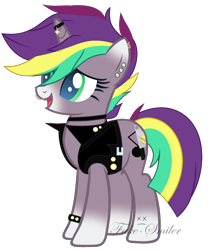 Size: 1584x1888 | Tagged: safe, artist:space--paws0w0, oc, oc only, oc:punk note, species:pony, species:unicorn, belt, blaze (coat marking), choker, clothing, ear piercing, earring, female, horn ring, jacket, jewelry, leather jacket, mare, nose piercing, nose ring, piercing, simple background, solo, spiked wristband, transparent background, wristband