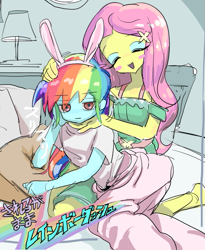 Size: 739x900 | Tagged: safe, artist:ceitama, character:fluttershy, character:rainbow dash, species:human, ship:flutterdash, my little pony:equestria girls, bunny ears, duo, female, lesbian, shipping