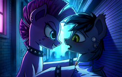 Size: 1700x1080 | Tagged: safe, artist:adagiostring, character:pinkie pie, oc, oc:romuald nocturne, species:bat pony, species:pony, canon x oc, clothing, collar, costume, cyberpunk, female, glowing eyes, implants, looking at each other, male, mare, punk, punkie pie, shipping, spiked collar, spiked wristband, street, wristband