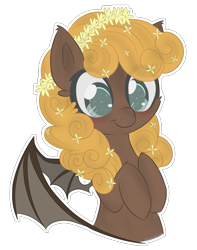 Size: 1489x1891 | Tagged: safe, artist:sinamuna, oc, oc only, species:bat pony, species:pony, bat wings, blushing, brown fur, bust, commission, curly hair, floral head wreath, flower, flower in hair, green eyes, hooves to the chest, orange hair, smiling, solo, wings, ych result