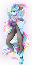 Size: 2010x4037 | Tagged: safe, artist:mailner, character:rainbow dash, species:anthro, species:unguligrade anthro, blushing, breasts, candy, colored hooves, colored wings, cutie mark, female, food, hooves, looking at you, redesign, simple background, solo, transparent background, wings