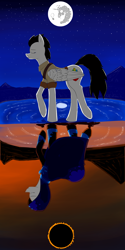 Size: 1000x2000 | Tagged: safe, artist:ruanshi, oc, oc only, oc:eli, oc:pipe dream, species:pegasus, species:pony, adventurer, clone, clothing, commission, cultist, eclipse, lake, mare in the moon, moon, reflection, robe