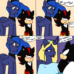 Size: 2000x2000 | Tagged: safe, artist:soul-yagami64, character:princess luna, clothing, comic, cosplay, costume, crossover, dialogue, dude not funny, maria robotnik, shadow the hedgehog, sonic the hedgehog (series)