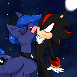 Size: 2000x2000 | Tagged: safe, artist:soul-yagami64, character:princess luna, crossover, crossover shipping, female, licking, male, shadluna, shadow the hedgehog, shipping, sonic the hedgehog (series), straight, tongue out