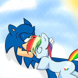 Size: 2000x2000 | Tagged: safe, artist:soul-yagami64, character:rainbow dash, character:sonic the hedgehog, armpits, crossover, female, interspecies, male, shipping, sonic the hedgehog (series), sonicdash, straight