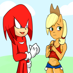 Size: 2000x2000 | Tagged: safe, artist:soul-yagami64, character:applejack, species:anthro, breasts, cleavage, crossover, knuckles the echidna, sonic the hedgehog (series)