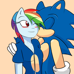Size: 2000x2000 | Tagged: safe, artist:soul-yagami64, character:rainbow dash, character:sonic the hedgehog, species:anthro, breasts, cleavage, commission, crossover, female, interspecies, male, shipping, sonic the hedgehog (series), sonicdash, straight