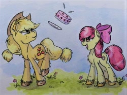 Size: 618x463 | Tagged: safe, artist:lightisanasshole, character:apple bloom, character:applejack, species:pony, apple siblings, birthday, birthday cake, cake, candle, cute, duo, eye clipping through hair, fluffy, food, kicking, traditional art