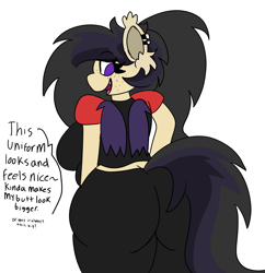 Size: 1450x1500 | Tagged: safe, artist:darkwolfhybrid, oc, oc only, oc:darkius wolficus, species:anthro, species:bat pony, bat pony oc, chubby, clothing, dialogue, ear fluff, ear piercing, female, freckles, looking back, pants, piercing, pizza hut, plot, plump, ponytail, rear view, shirt, skintight clothes, smiling, the ass was fat, thick, uniform