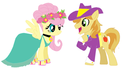 Size: 856x481 | Tagged: safe, artist:unicornsmile, base used, character:braeburn, character:fluttershy, species:pony, ship:braeshy, alternate hairstyle, clothing, dress, female, floral head wreath, flower, male, marriage, shipping, simple background, straight, wedding, white background