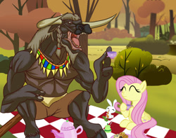 Size: 1004x792 | Tagged: safe, artist:urhangrzerg, character:angel bunny, character:fluttershy, species:minotaur, species:pegasus, species:pony, species:rabbit, animal, autumn, carrot, crossover, cup, female, food, male, mare, muffin, open mouth, picnic, picnic blanket, tauren, tea, teacup, tree, trio, warcraft