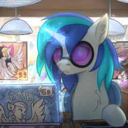 Size: 1600x1600 | Tagged: safe, artist:flysouldragon, character:dj pon-3, character:rainbow dash, character:songbird serenade, character:vinyl scratch, oc, species:pony, species:unicorn, my little pony: the movie (2017), deviantart watermark, glasses, magic, obtrusive watermark, poster, watermark