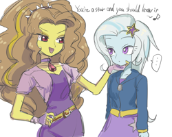 Size: 1000x800 | Tagged: dead source, safe, artist:ceitama, character:adagio dazzle, character:trixie, ship:triagio, equestria girls:rainbow rocks, g4, my little pony: equestria girls, my little pony:equestria girls, battle of the bands, clothing, female, lesbian, scene interpretation, shipping, simple background, smiling, white background