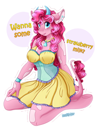 Size: 1700x2236 | Tagged: safe, alternate version, artist:mailner, character:pinkie pie, species:anthro, species:cow, species:unguligrade anthro, bell, blushing, clothing, collar, corset, cow girl, cowgirl, cowified, cute, ear piercing, female, frog (hoof), hooves, kneeling, looking at you, piercing, pincow pie, solo, species swap, speech, underhoof