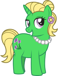 Size: 1438x1890 | Tagged: safe, artist:lightning stripe, derpibooru original, oc, oc:petunia bloom, species:pony, species:unicorn, chubby, cutie mark, female, flower, flower in hair, green coat, grin, hair bun, horn, jewelry, mare, necklace, pearl necklace, pink eyes, show accurate, simple background, smiling, solo, transparent background, yellow mane