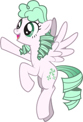 Size: 1804x2668 | Tagged: safe, artist:lightning stripe, derpibooru original, oc, oc only, oc:sugar mint, species:pegasus, species:pony, cutie mark, female, flying, green eyes, green mane, long legs, mare, pigtails, show accurate, simple background, smiling, solo, tall, transparent background, twintails, white coat, wings, wrinkles