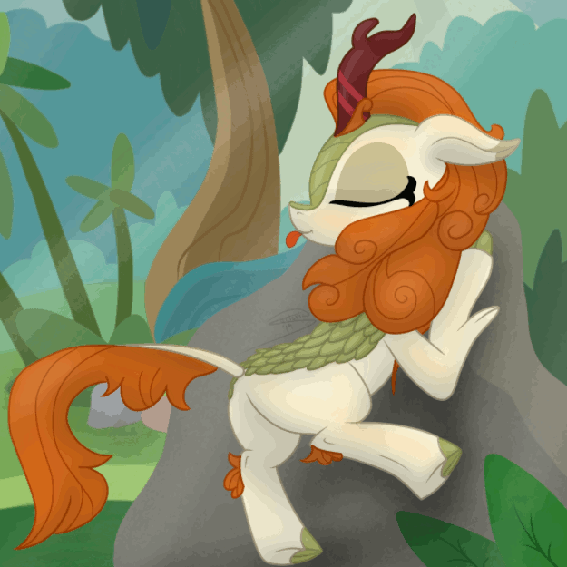 Size: 625x625 | Tagged: safe, artist:soctavia, character:autumn blaze, species:kirin, species:pony, episode:sounds of silence, g4, my little pony: friendship is magic, animated, awwtumn blaze, blep, butt, cloven hooves, colored hooves, cute, female, happy, hooves, mare, plot, raspberry, rock, silly, solo, tongue out, tree