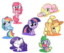 Size: 1440x1200 | Tagged: safe, artist:nettuu, artist:nyankamedon, character:angel bunny, character:applejack, character:fluttershy, character:pinkie pie, character:rainbow dash, character:rarity, character:spike, character:twilight sparkle, blushing, bucking, chibi, cute, mane seven, mane six, open mouth, pixiv, quill, scroll, simple background, smiling, white background