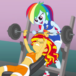 Size: 900x900 | Tagged: safe, artist:sapphiregamgee, part of a set, character:rainbow dash, character:sunset shimmer, my little pony:equestria girls, armpits, barbell, muscles, part of a series, sunset lifter, sweat, workout