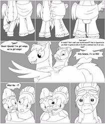 Size: 8357x9888 | Tagged: safe, artist:cactuscowboydan, commissioner:bigonionbean, writer:bigonionbean, character:silver lining, oc, oc:air brakes, species:earth pony, species:pegasus, species:pony, comic:fusing the fusions, comic:the bastion of canterlot, argument, body horror, booty had me like, caboose, canterlot, canterlot castle, clothing, comic, conductor hat, conjoined, cutie mark, dat ass was fat, dat butt, dialogue, flank, flapping wings, fuse, fusion, fusion:air brakes, gymnasium, hat, magic, male, merge, merging, plot, potion, semi-grimdark series, shocked, shocked expression, sketch, stallion, suggestive series, swelling, thicc ass, uniform, wings, wonderbolts, wonderbolts uniform