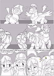 Size: 6271x8921 | Tagged: safe, artist:cactuscowboydan, commissioner:bigonionbean, writer:bigonionbean, character:promontory, character:silver lining, character:sunburst, oc, oc:air brakes, oc:nova reactor, species:earth pony, species:pegasus, species:pony, species:unicorn, comic:fusing the fusions, comic:the bastion of canterlot, argument, body horror, booty had me like, caboose, canterlot, canterlot castle, cape, clothing, comic, conductor hat, confusion, cutie mark, dat ass was fat, dat butt, dialogue, facial hair, fat ass, flank, fusion, fusion:air brakes, fusion:nova reactor, goggles, gymnasium, hat, hybrid, jiggle, jiggling, magic, male, meme, plot, potion, semi-grimdark series, shirt, shocked, shocked expression, sketch, spread wings, stallion, suggestive series, swelling, tail wag, thicc ass, uniform, unshaven, wings, wonderbolts, wonderbolts uniform