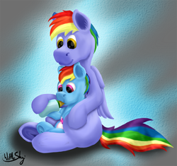 Size: 1000x941 | Tagged: safe, artist:wittleskaj, character:bow hothoof, character:rainbow dash, species:pegasus, species:pony, baby, baby bottle, baby pony, bottle feeding, diaper, digital painting, father and daughter, feeding, female, filly, foal, male, milk bottle, painting, stallion