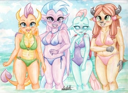 Size: 1200x872 | Tagged: safe, artist:dantethehuman, character:ocellus, character:silverstream, character:smolder, character:yona, species:anthro, species:changeling, species:classical hippogriff, species:dragon, species:hippogriff, species:reformed changeling, species:yak, belly button, bikini, blushing, breasts, busty ocellus, busty silverstream, busty smolder, busty yona, chubby, clothing, cute, diaocelles, diastreamies, dragoness, female, freckles, looking at you, shy, slit eyes, slit pupils, smolderbetes, swimsuit, traditional art, watercolor painting, yonadorable