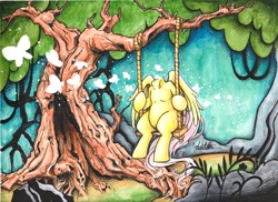 Size: 1200x872 | Tagged: safe, artist:dantethehuman, character:fluttershy, species:pegasus, species:pony, butterfly, everfree forest, female, headless, modular, sitting, solo, surreal, swing, traditional art, tree, tree branch, watercolor painting, wings