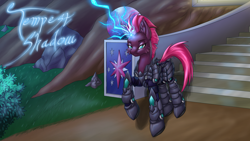 Size: 4800x2700 | Tagged: safe, artist:ravvij, character:fizzlepop berrytwist, character:tempest shadow, character:twilight sparkle, species:pony, species:unicorn, adorasexy, armor, broken horn, bush, castle, cute, cutie mark, female, fizzlepop's fireworks, horn, lightning, magic, marble, mare, metal, moonlight, night, road, rock, sexy, solo, stairs, stone, tree, twilight's castle, wood