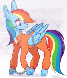 Size: 630x729 | Tagged: safe, artist:sararini, character:rainbow dash, species:pony, bound wings, chains, clothing, cuffs, female, prison outfit, prisoner rd, sad, solo, wings