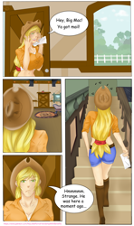 Size: 3484x5905 | Tagged: safe, artist:wild stallions, character:applejack, species:human, comic:letter for big mac, comic:letter for big mac. vol. 1, absurd resolution, big breasts, breast squish, breasts, busty applejack, clothed female, clothing, cloud, dialogue, door, explicit series, explicit source, fence, huge breasts, humanized, letter, living room, midriff, my little porno: friendship with benefits, patreon, rug, speech bubble, stairs, tree, window