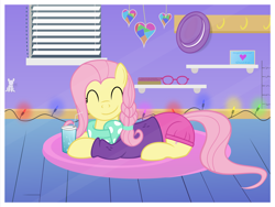 Size: 3000x2250 | Tagged: safe, artist:devfield, character:fluttershy, species:pony, alternate hairstyle, book, border, clothing, cute, drawing, drink, fedora, female, glasses, gradient background, hat, hipster, hipstershy, ornaments, photo, race swap, rug, shelf, shyabetes, solo, straw, string lights, venetian blinds, window