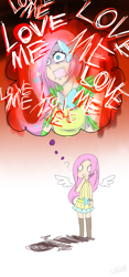 Size: 700x1500 | Tagged: safe, artist:dotoriii, character:fluttershy, angry, chibi, clothing, dress, empty eyes, female, humanized, imagination, long hair, love me, memory, open mouth, question mark, sad, skirt, solo, winged humanization, wings, yandere, you're going to love me