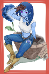 Size: 1080x1620 | Tagged: safe, artist:ceitama, oc, oc only, oc:raylanda, my little pony:equestria girls, abs, anime, armpits, belly button, boots, clothing, cutie mark, cutie mark on clothes, equestria girls-ified, flower, gloves, jeans, looking at you, muscles, pants, rose, shirt, shoes, smiling, solo, t-shirt