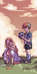 Size: 1000x2000 | Tagged: safe, artist:dez, character:fluttershy, character:rainbow dash, species:human, ship:flutterdash, clothing, converse, female, football, humanized, lesbian, long skirt, shipping, shirt, shoes, shorts, skirt, sneakers, sports