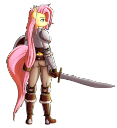 Size: 1674x1839 | Tagged: safe, artist:ikarooz, character:fluttershy, species:anthro, species:pony, armor, badass, boots, butt crack, female, flutterbadass, knight, mare, shoes, simple background, solo, sword, weapon