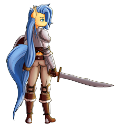 Size: 1674x1839 | Tagged: safe, artist:ikarooz, oc, oc:shadow chisel, species:anthro, species:pony, female, knight, mare, simple background, solo, sword, weapon