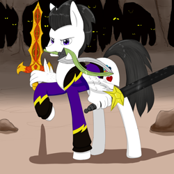 Size: 1500x1500 | Tagged: safe, artist:ruanshi, oc, oc only, oc:pipe dream, species:pegasus, species:pony, adventure, adventurer, clothing, costume, dungeon, eye, eyes, helix sword, phoenix sword, shadowbolts, shadowbolts costume, star sword, sword, weapon