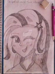 Size: 900x1204 | Tagged: safe, artist:susanzx2000, character:trixie, species:human, my little pony:equestria girls, female, graph paper, humanized, monochrome, solo, traditional art