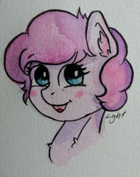 Size: 1834x2315 | Tagged: safe, artist:lightisanasshole, character:pinkie pie, species:pony, alternate hairstyle, blushing, female, fluffy, short hair, smiling, solo, traditional art, watercolor painting