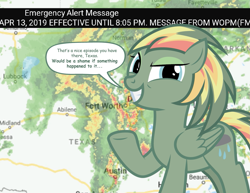 Size: 1215x938 | Tagged: safe, artist:lightning stripe, oc, oc:storm pony, species:pegasus, species:pony, brony network, emergency alert system, female, green coat, mare, meme, ponified, radar, show accurate, solo, texas, text, text bubbles, that's a nice everything you have there, weather, wings