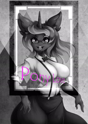 Size: 1867x2634 | Tagged: safe, artist:artist-apprentice587, character:princess luna, species:anthro, breasts, busty princess luna, clothing, female, horns, looking at you, monochrome, open mouth, plastic love, smiling, solo, starry eyes, wingding eyes