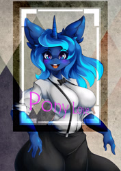 Size: 1867x2634 | Tagged: safe, alternate version, artist:artist-apprentice587, character:princess luna, species:anthro, breasts, busty princess luna, clothing, female, horns, looking at you, open mouth, plastic love, smiling, solo, starry eyes, wingding eyes