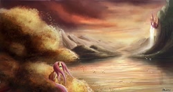 Size: 3000x1600 | Tagged: safe, artist:ajvl, character:fluttershy, species:pegasus, species:pony, canterlot, female, mare, scenery, sitting, solo, sunset, water, waterfall, windswept mane